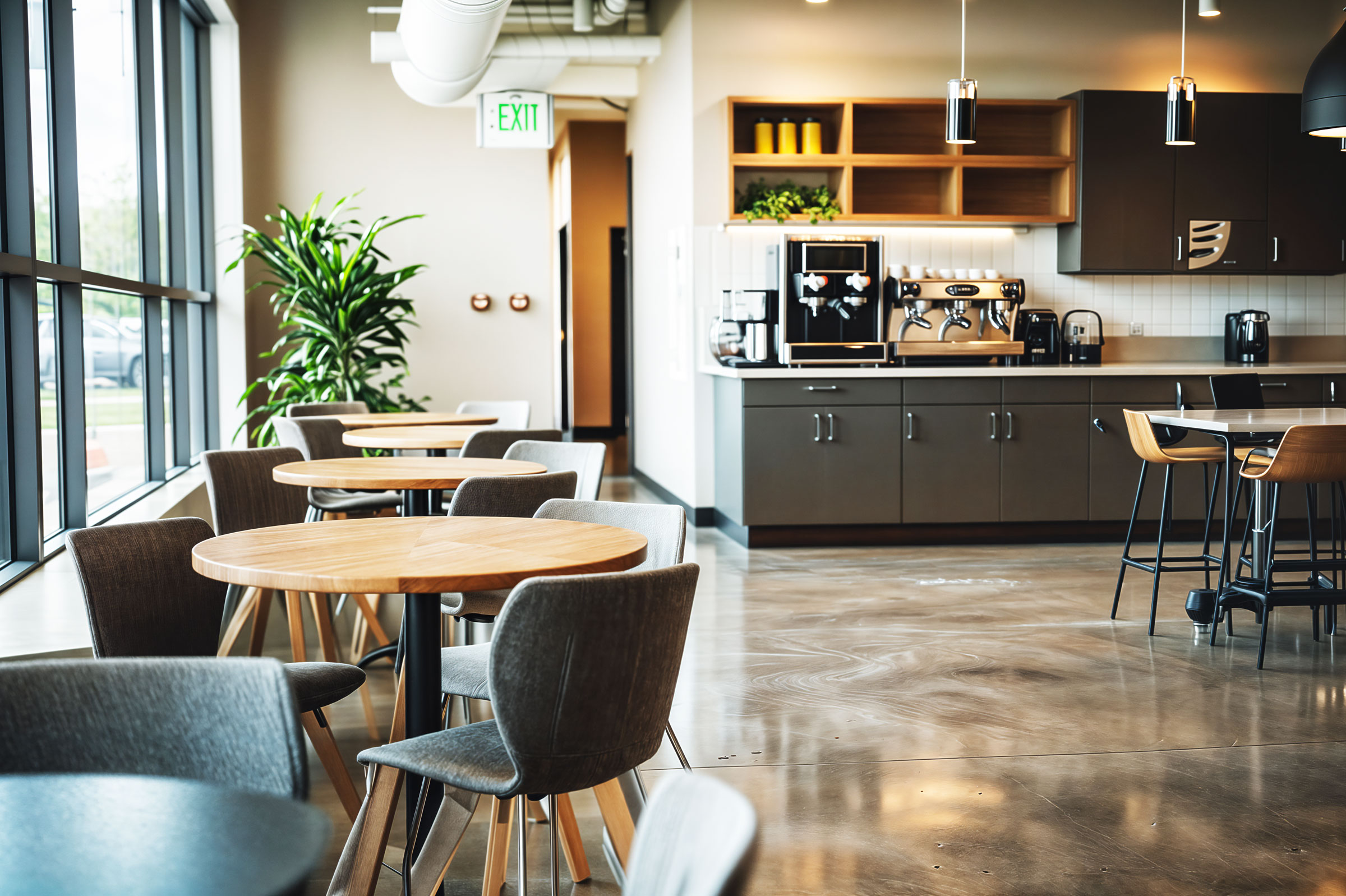 Staff room in an office with kitchen appliances and furniture