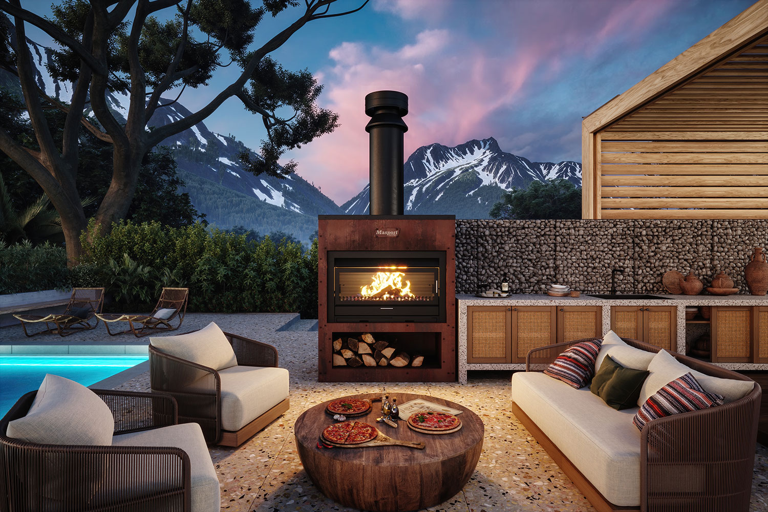 masport outdoor fireplace in beautiful modern outdoor living space with mountain backdrop