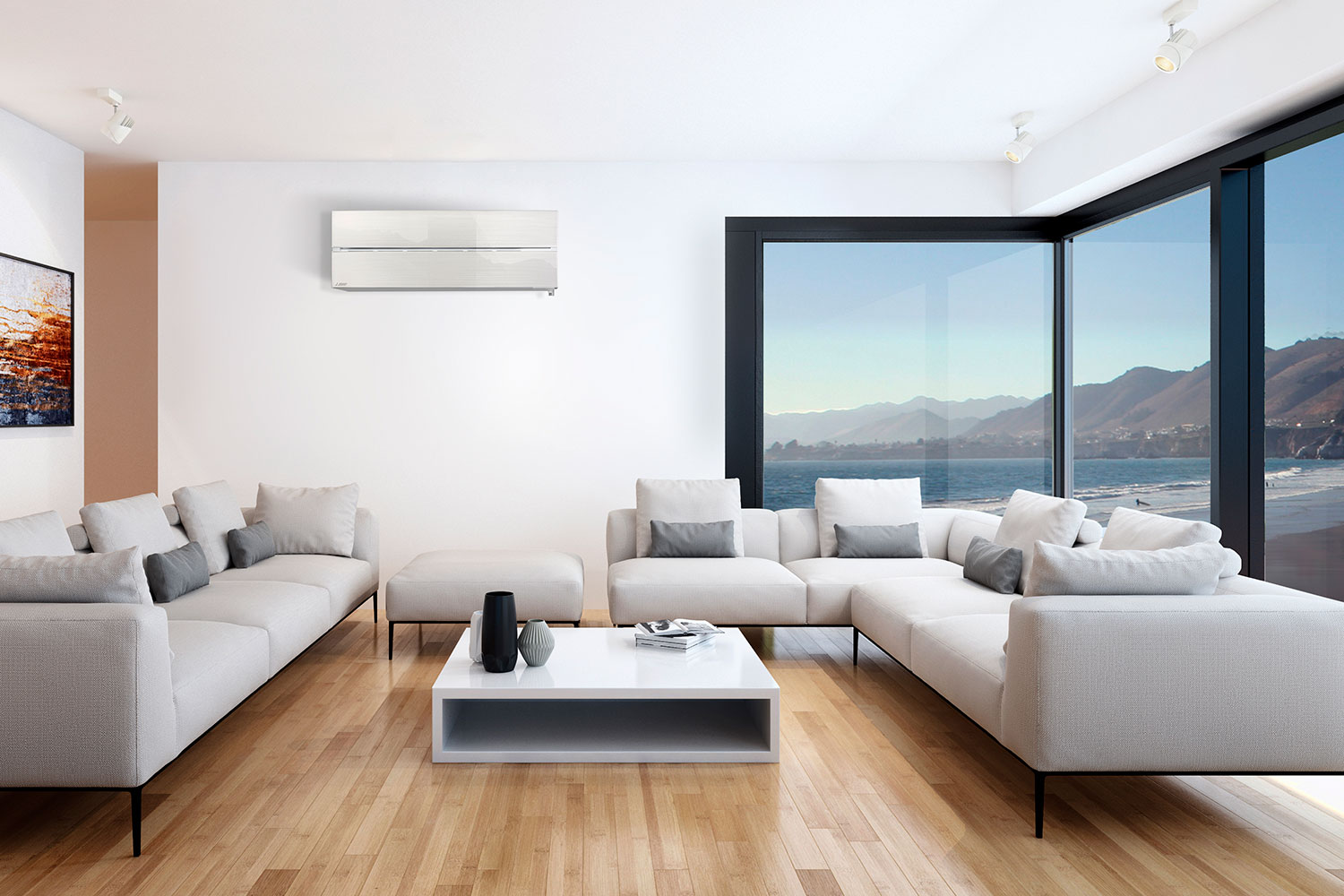 Mitsubsihi high wall heatpump in living room of modern beachside home