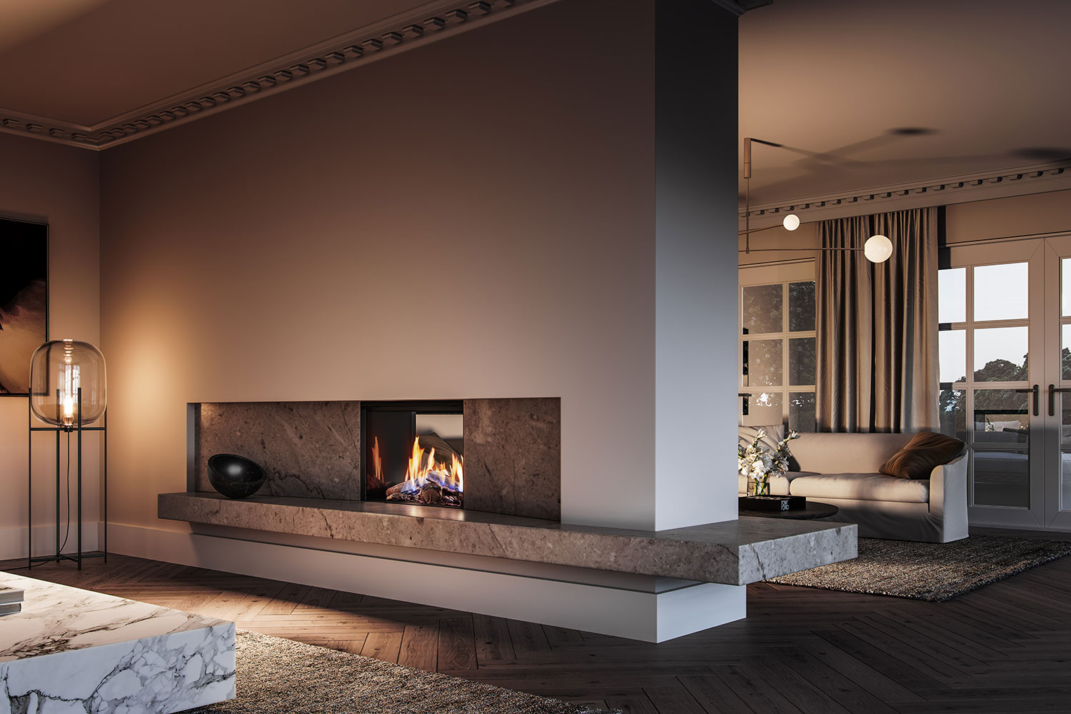 Rinnai double-sided Linear gas fire in living room