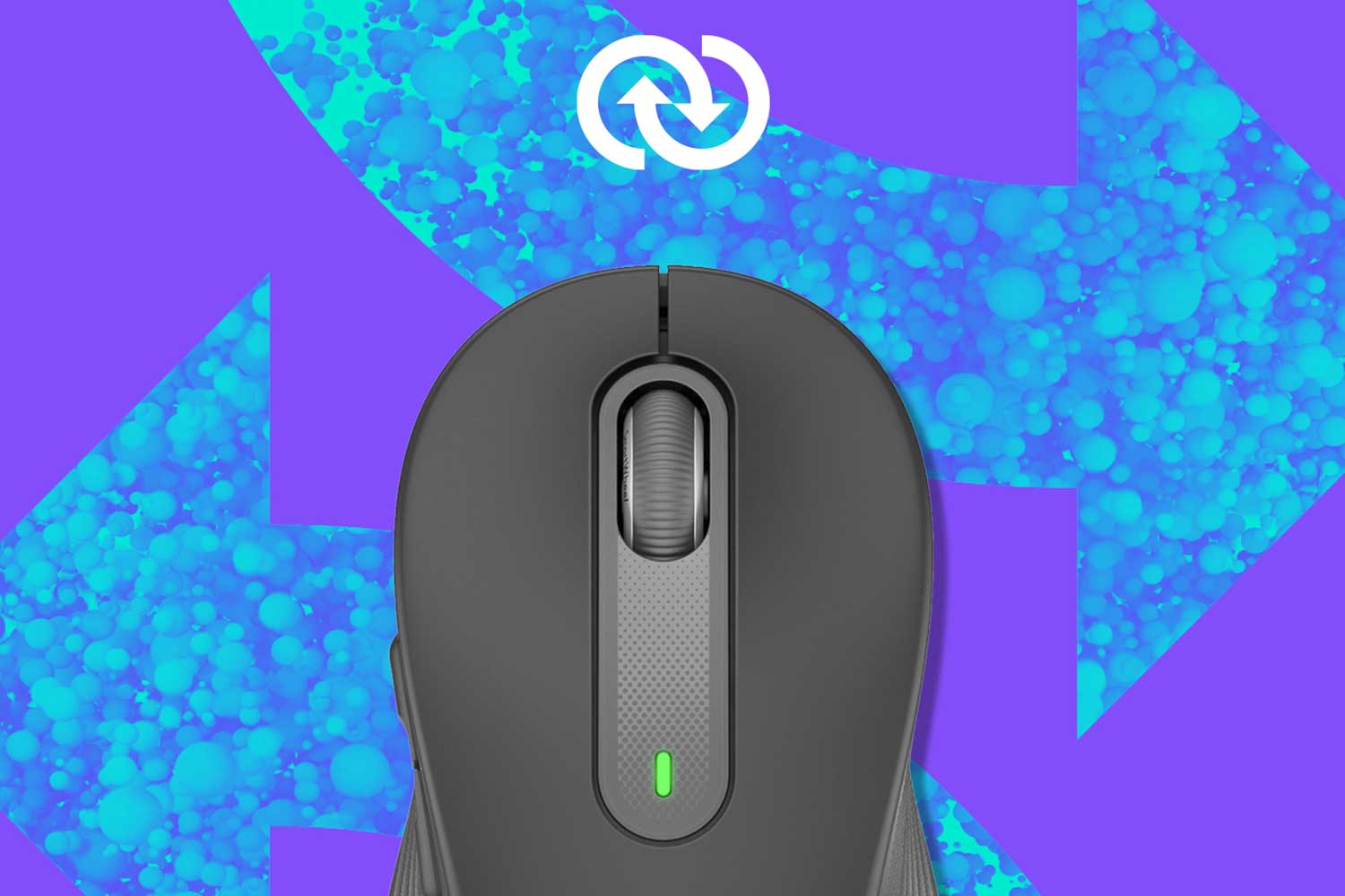 sustainability symbol with close up of Logitech M650 mouse